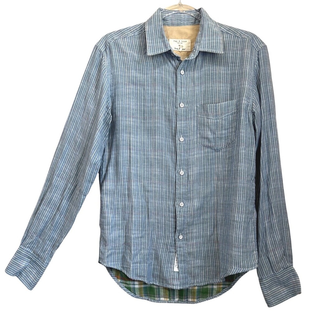 Rag & Bone Blue Striped Button Down Shirt Plaid Lining Cotton Mens Medium